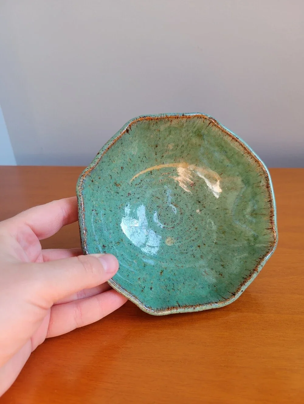 Handmade Studio Pottery Bowl Sea Green Brown Speckled Glaze Organic Wavy Rim